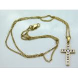 An 18ct gold chain 3.6g with 9ct gold cross set with paste stones, pendant drop 35mm inclusive, tota