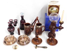A boxed Isis lacemakers lamp, Bohemian glass decanter & glass set with similar vase, two silver plat