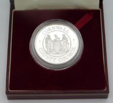 A cased Cornwall Council silver proof crown for 25