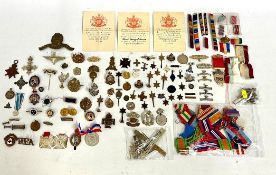 A quantity of mixed medals & badges with other items including a WW1 medal 199026 P. McKillin L.S. R
