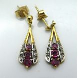 A pair of 9ct gold diamond & ruby set earrings, dr