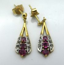 A pair of 9ct gold diamond & ruby set earrings, dr