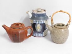 Two studio ware tea pots & one studio pottery coffee pot by Anne Stannard, Winchester 7in tall