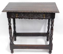 An antique oak hall table with drawer, 32in wide x