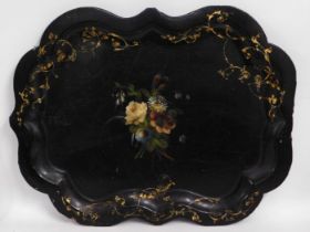 A large 19thC. lacquerware tray with hand painted