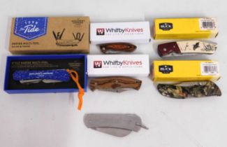 Six pocket knives including two Buck, five boxed