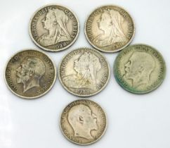 Five pre-1920's half crowns twinned with a florin,