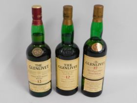 Three 70cl bottles of Glenlivet 12 year old single malt Scotch whisky