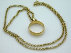 A 19in long 9ct gold chain with band pendant, 13.3