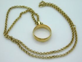 A 19in long 9ct gold chain with band pendant, 13.3