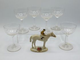 Six Victorian champagne glasses twinned with a cre