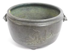 A Japanese bronze urn, inscribed, 14in wide x 7.25