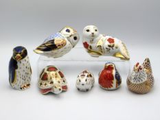 Seven Royal Crown Derby paperweights including Rob