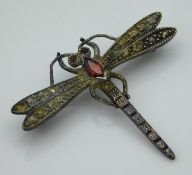 A sterling silver dragonfly brooch set with marqui