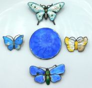 Four enamelled butterfly & moth brooches including Marius Hammer (centre left) & a blue disc brooch