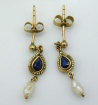 A pair of 9ct gold earrings set with sapphire & pe