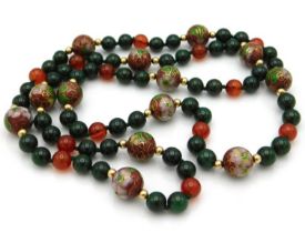 A cloisonne & jade necklace, 32in liong, 78.7g