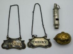 A J. Hudson & Co. girl guide whistle twinned with walnut trinket box & two plated decanter labels