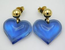 A pair of Lalique crystal blue heart earrings, sig