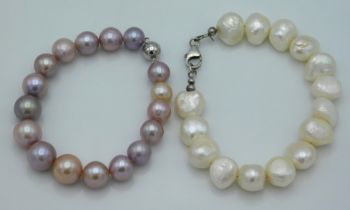 Two sterling silver mounted pearl bracelets, pink