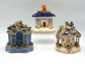 Three Staffordshire pastille burners, tallest 5in