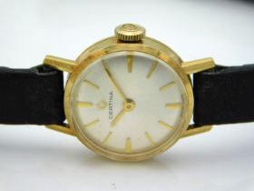 A ladies 9ct gold cased Certina wristwatch, runnin