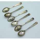 A set of six 1926 Sheffield silver rat tail teaspoons by Walker & Hall, 73g