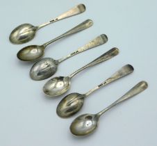 A set of six 1926 Sheffield silver rat tail teaspoons by Walker & Hall, 73g