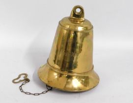 A polished brass bell inscribed 'Mei Wen Di', 9in