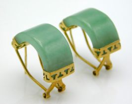 A pair of 9ct gold mounted jade earrings, 28mm dro