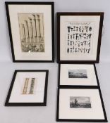 Two framed antique architectural prints, two other
