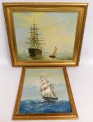 Two framed oil paintings depicting sail ships at s