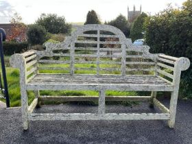A weathered teak Lutyens style bench, 66in wide x