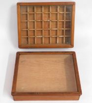 Two antique glass display boxes, one arranged to display samples, 15in wide x 12.25in deep x 3.5in h