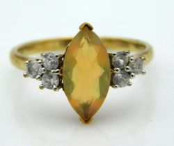 A 9ct gold ring set with diamond & marquise cut water opal, main stone 13mm wide, 1.8g, size N/O