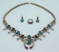 A native American, 24in long silver necklace set w