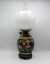 A Chinese porcelain style oil lamp with Hinks dupl