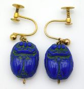 A pair of 9ct gold mounted scarab beetle earrings,
