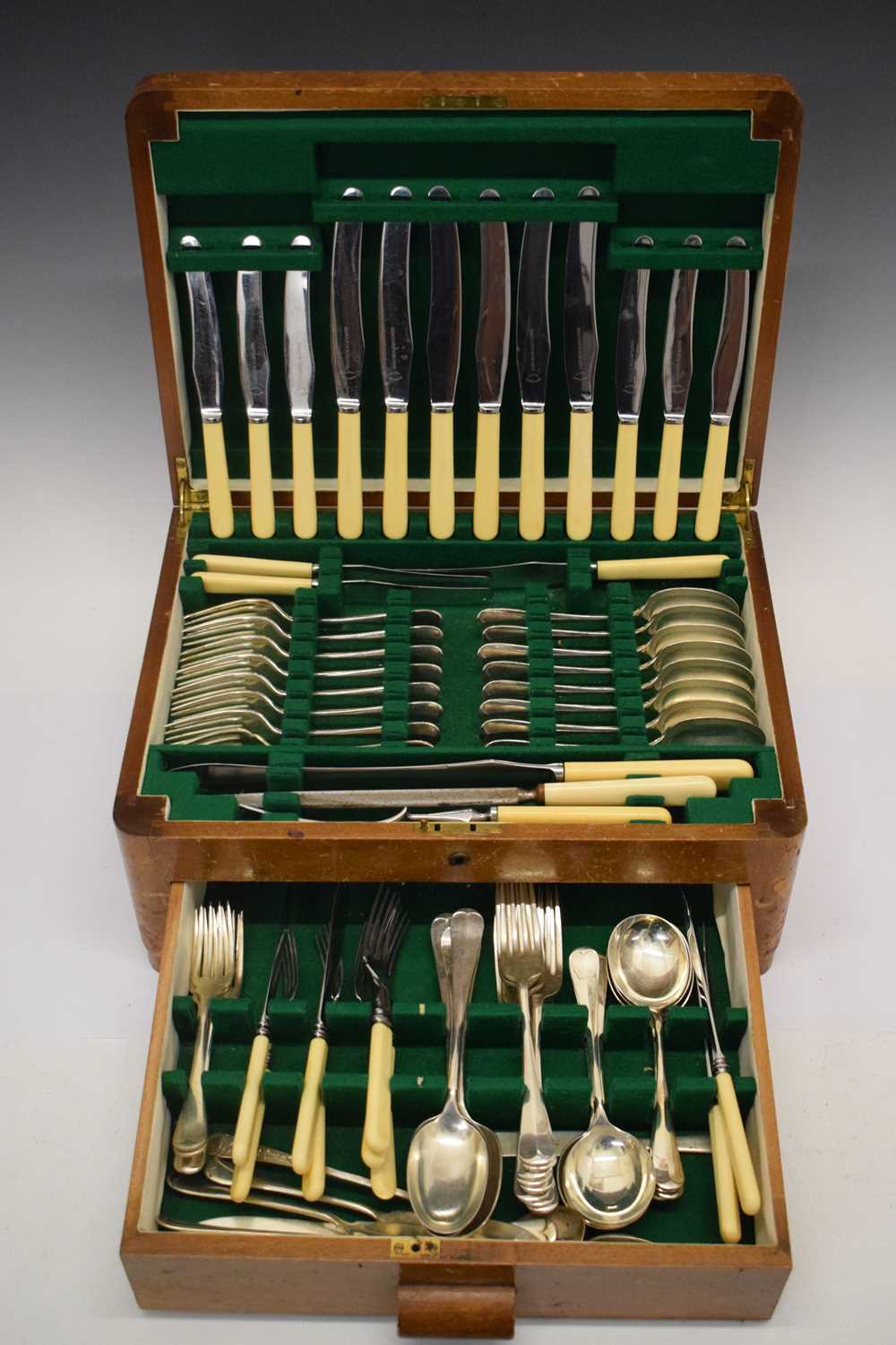 Art Deco oak-cased eight setting canteen of silver-plated flatware, Hamilton & Inches