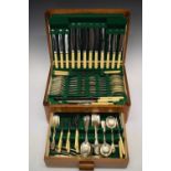 Art Deco oak-cased eight setting canteen of silver-plated flatware, Hamilton & Inches