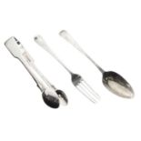 Georgian silver christening spoon and fork, together with a pair of sugar tongs