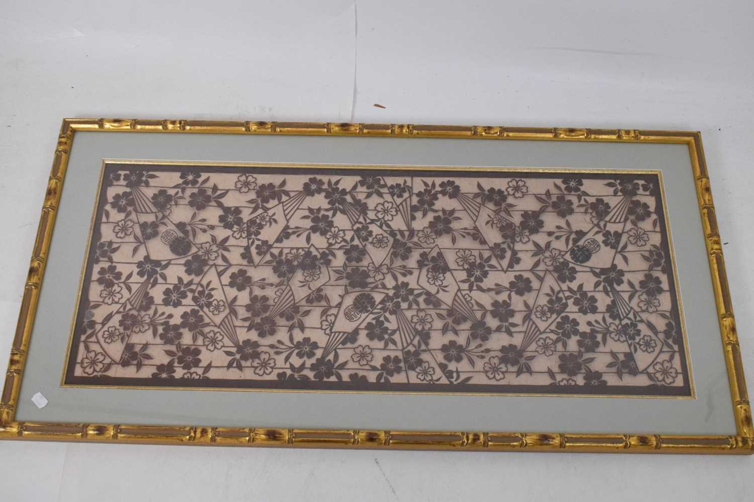 Japanese School (20th Century) cut out textile on gauze with floral and fan design - Image 7 of 7