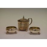 Late Victorian silver lidded mustard pot and a pair of salts