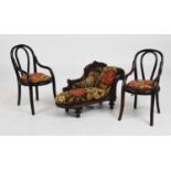 Two miniature bentwood chairs and a miniature chaise longue