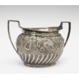 Late Victorian two handled silver sugar bowl with embossed decoration
