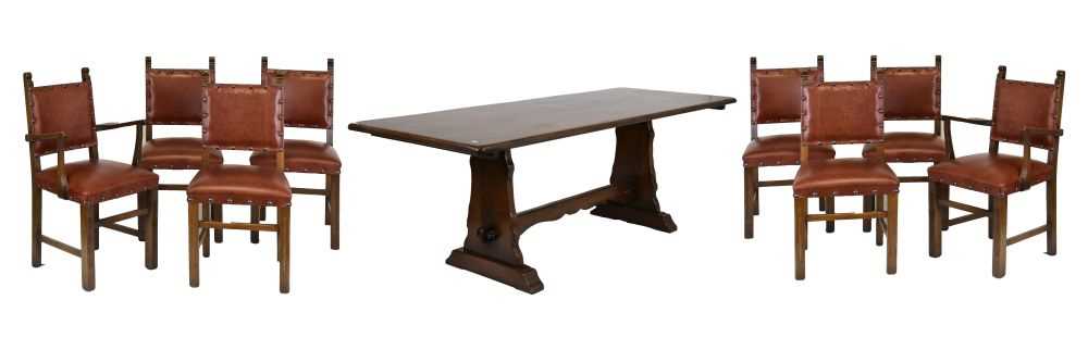 Reproduction oak refectory-style trestle-end dining table,