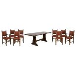 Reproduction oak refectory-style trestle-end dining table,