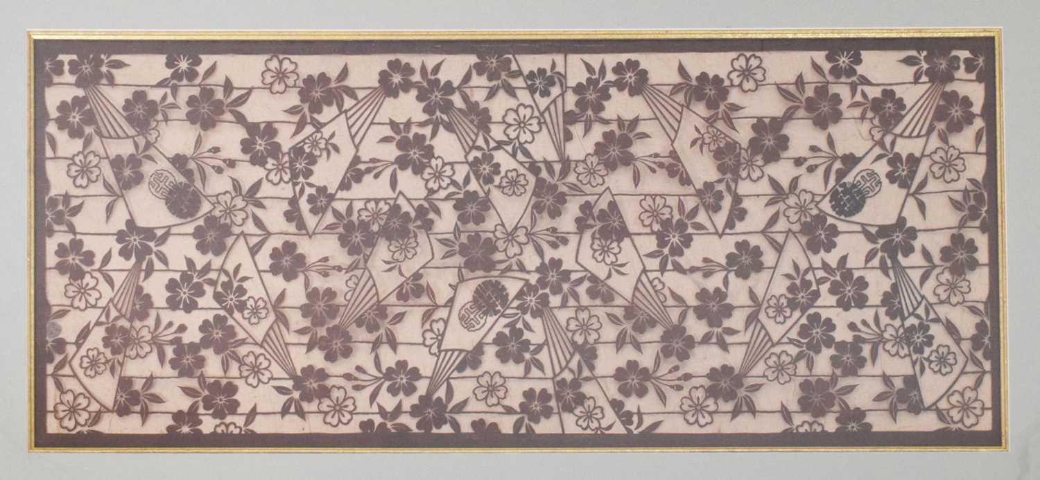Japanese School (20th Century) cut out textile on gauze with floral and fan design