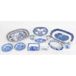 Two blue and white meat plates, Ivanhoe tureen with cover