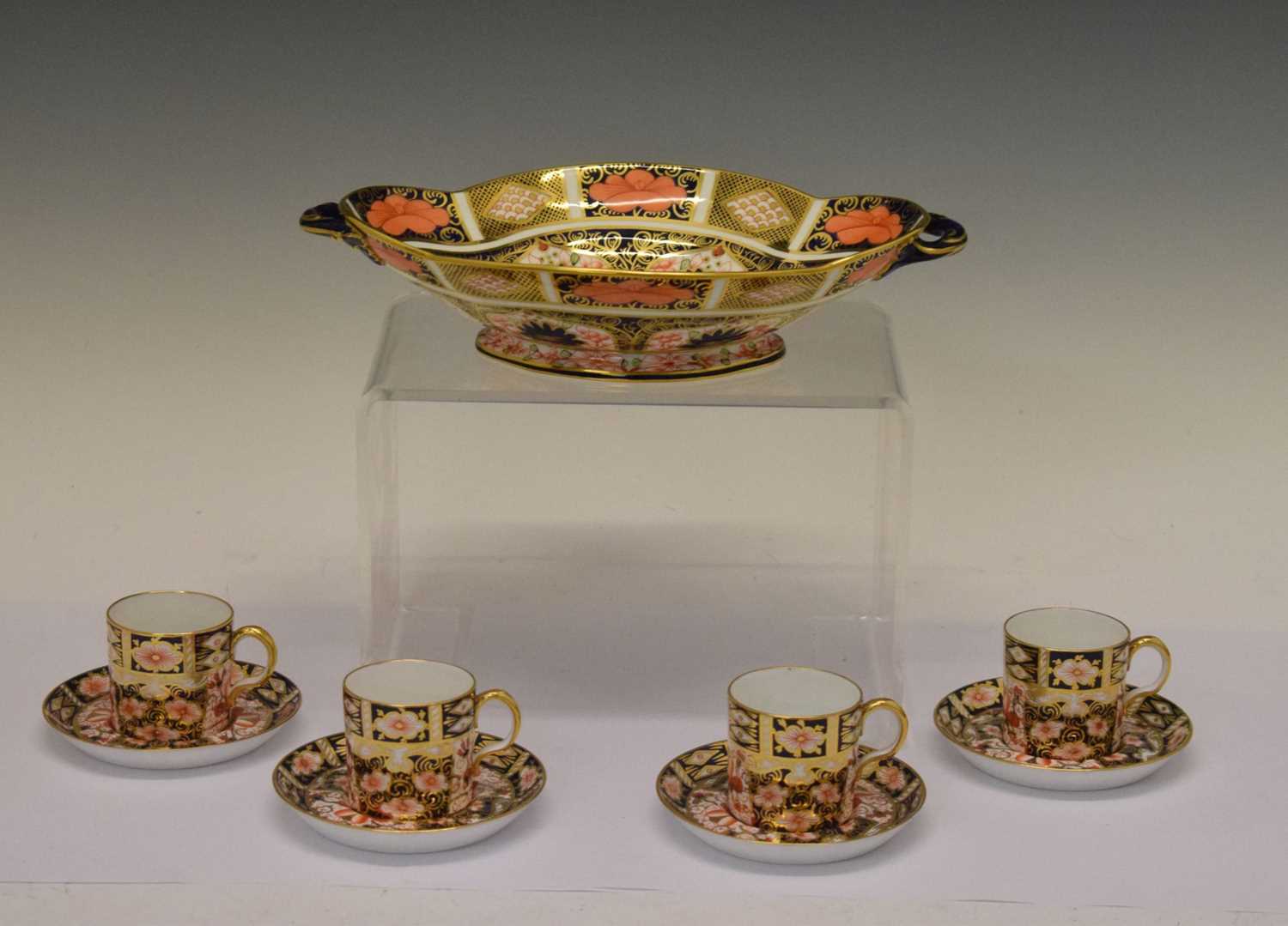 Royal Crown Derby Imari pattern dish, four coffee cans and four saucers